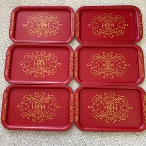 Christmas Metal Serving Trays Tole Toleware Red Gold Scroll Vintage 60s Lot 6x